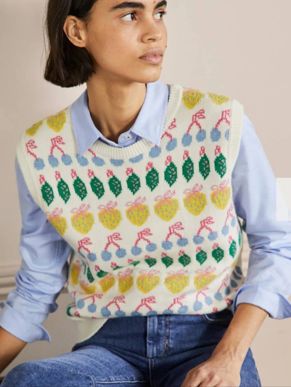 BODEN Cream Multicolor Knit Sweater Vest with Pink, Blue & Green Pattern - Picture 5 of 5